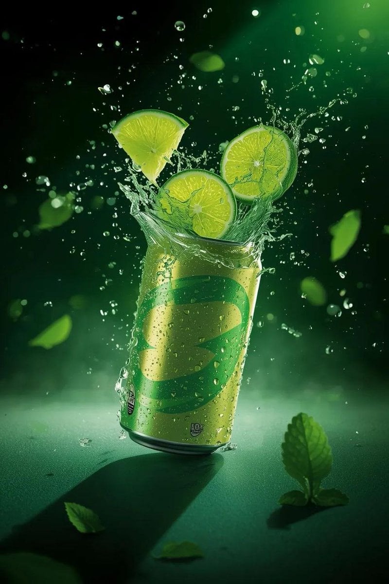 A hyper-realistic commercial product shot of a refreshing lime soda c…