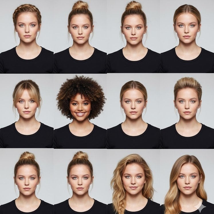 A 3×3 grid collage featuring the same female model, each square showi…