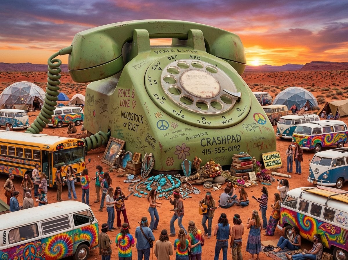 A [ORDINARY OBJECT] as a landmark on an epic journey, tiny [TRAVELERS…