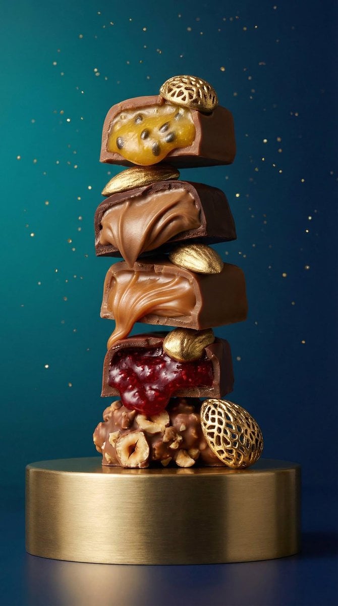 ultra-realistic food photography luxury editorial macro- natural images id image 1 assorted praline tower sta…