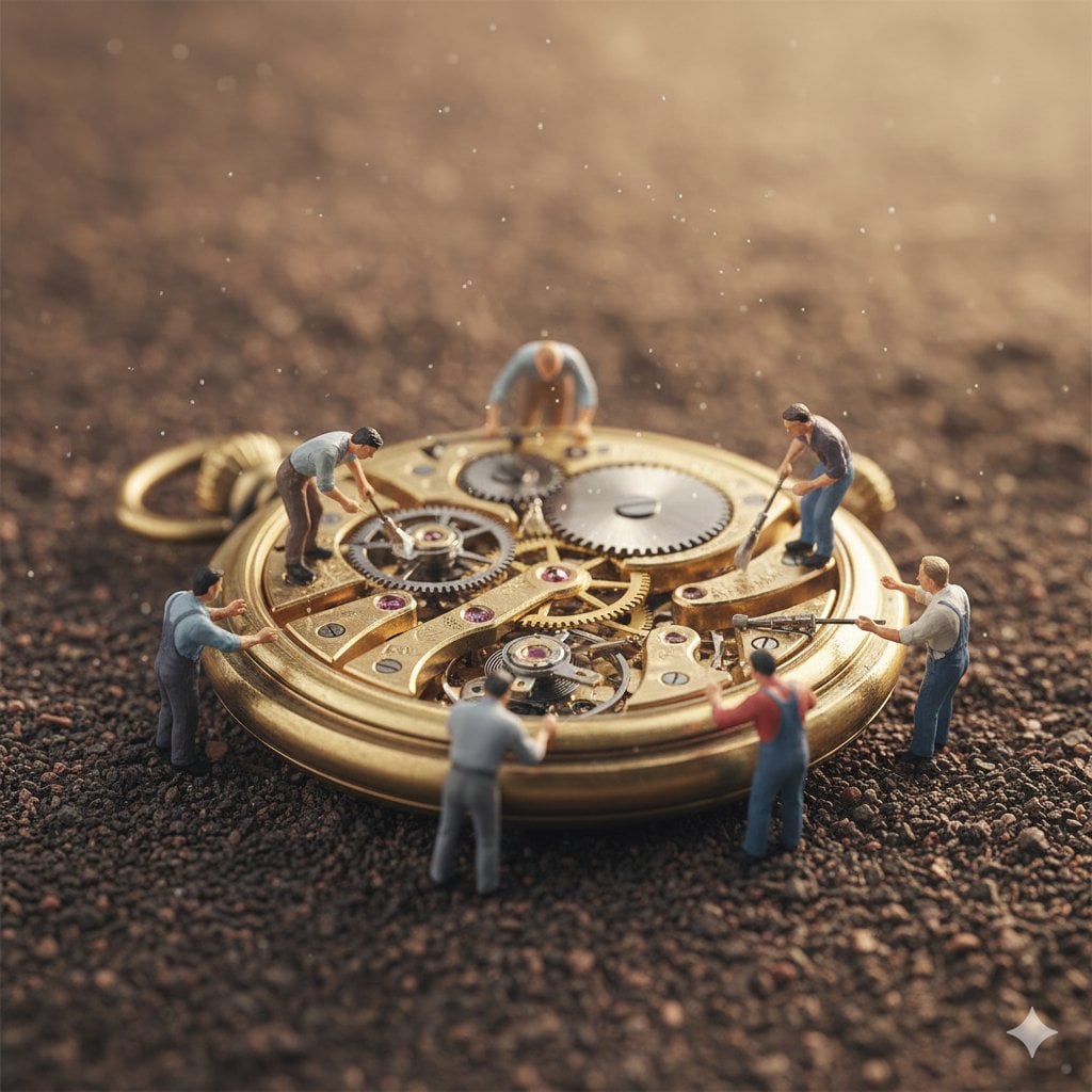 Ultra-realistic macro depicting tiny restoration workers collaboratively repairing an antique pocket watch. S…