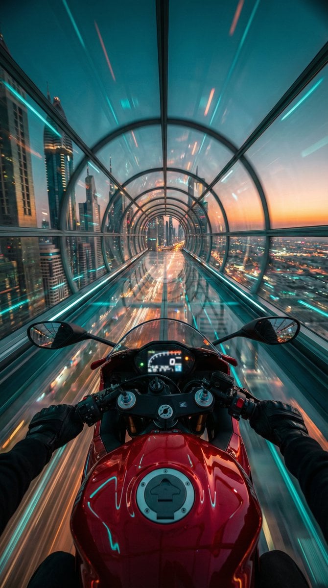 "Red futuristic sport motorcycle (POV perspective)", "visible_element…