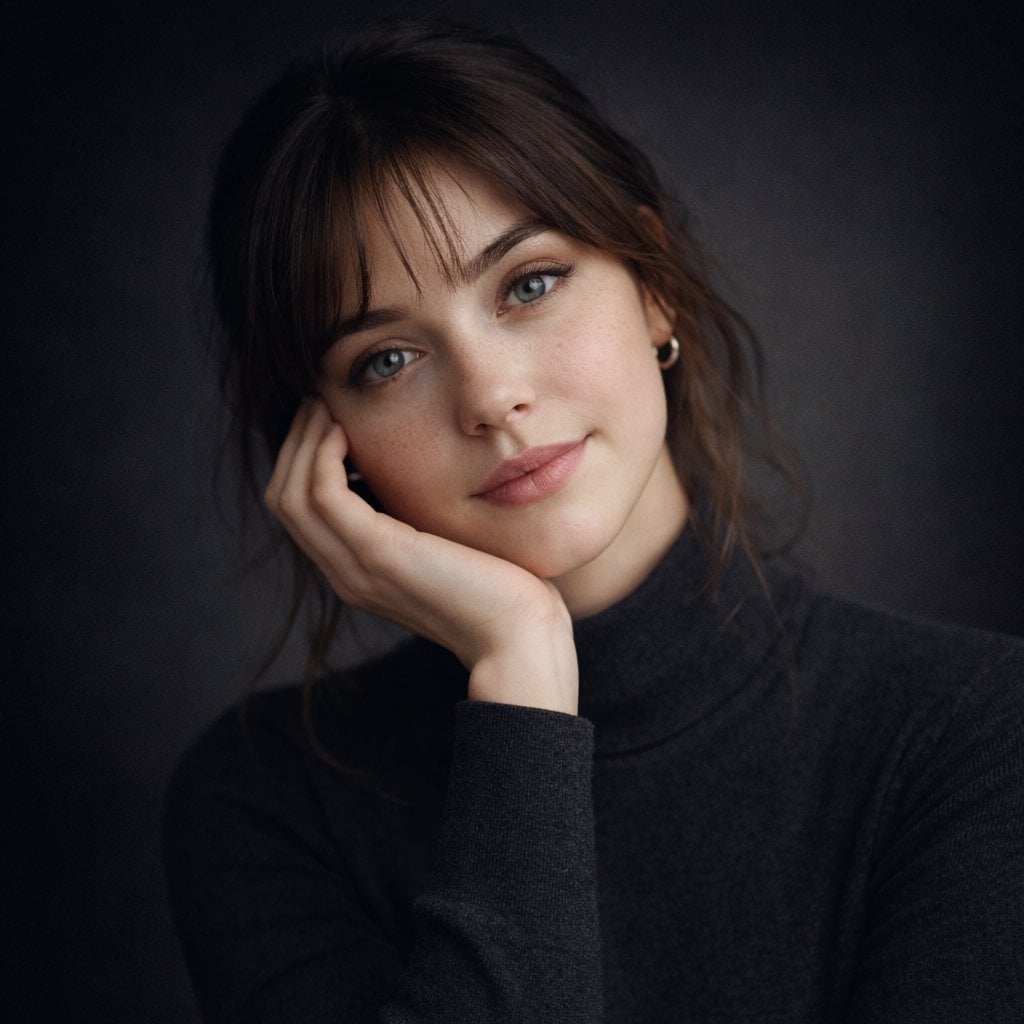 Ultra-realistic studio portrait of a young woman, front-facing, cente…