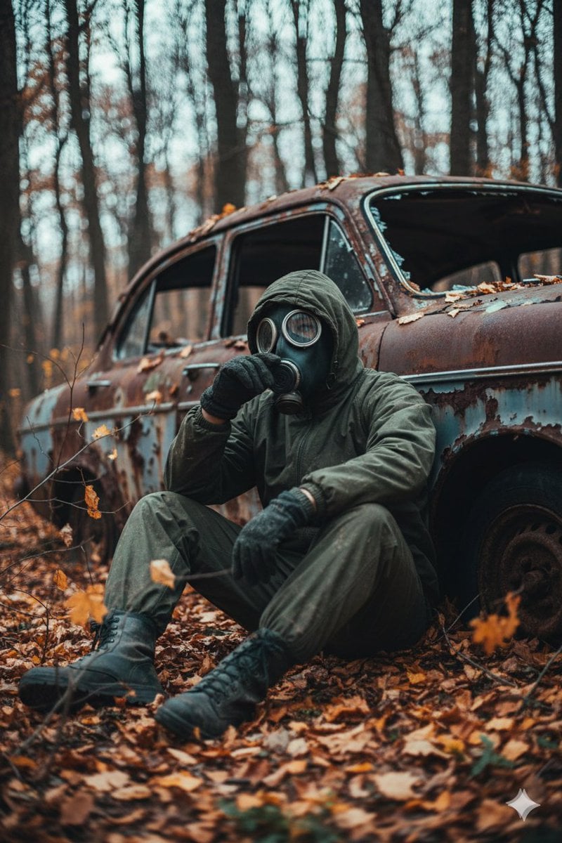 A cinematic, ultra realistic post apocalyptic scene of a lone survivor sitting on the forest ground, leaning…