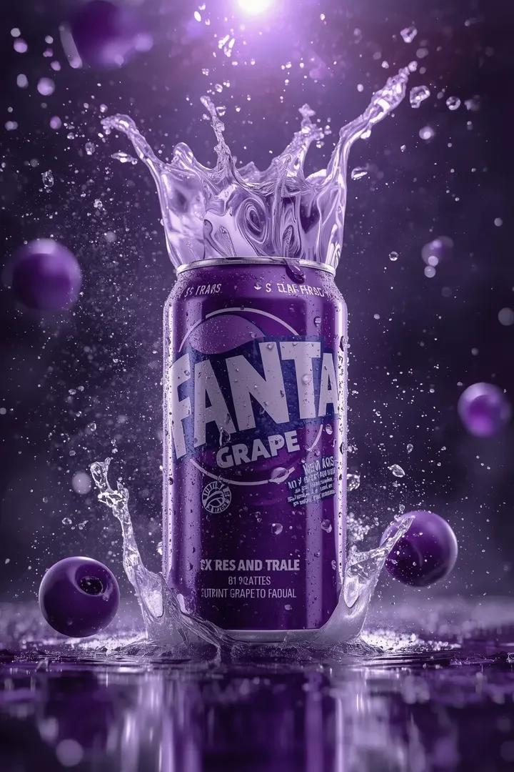 Motion settles into a striking hero shot: can centered, purple liquid frozen in sculptural form, berries susp…
