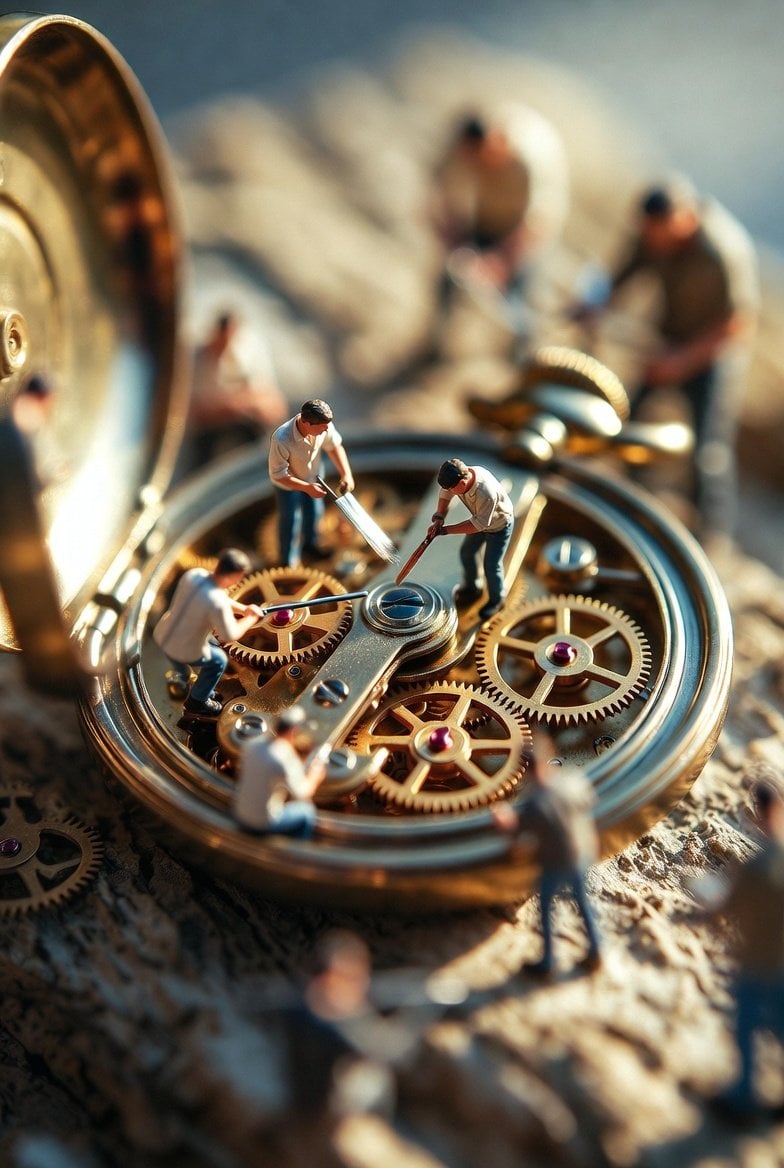 Ultra-realistic macro scene depicting tiny restoration workers collab…