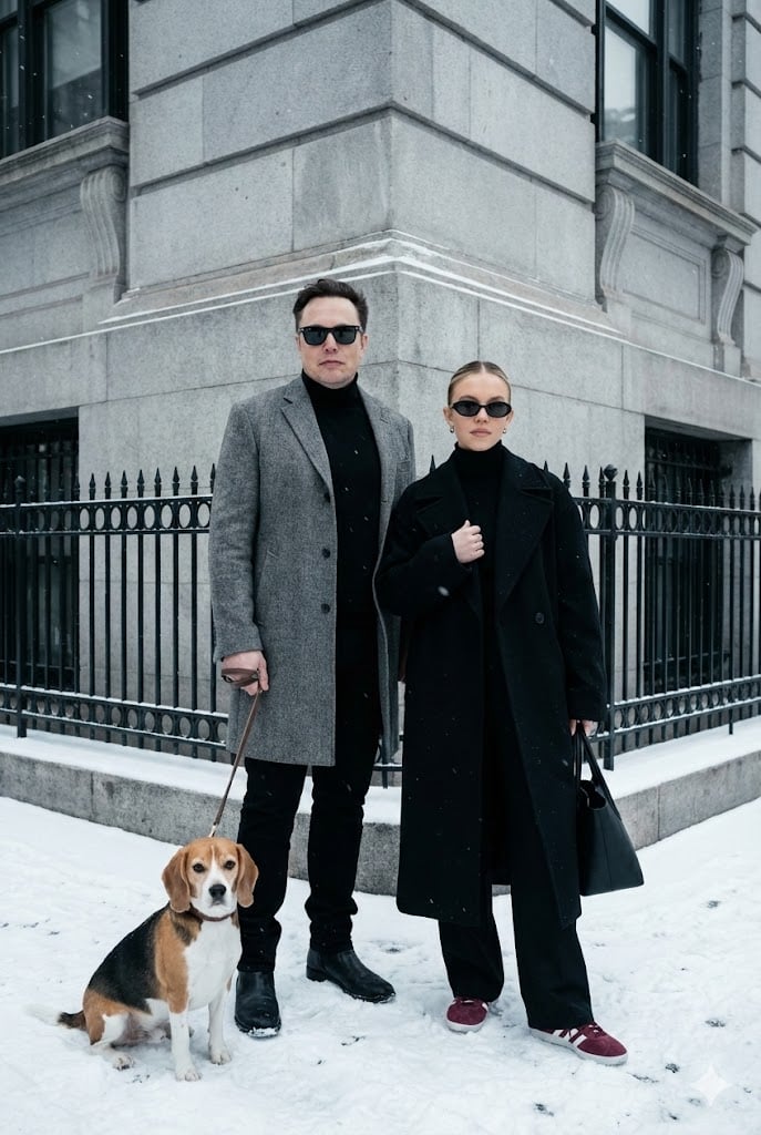 prompt title Sophisticated Urban Winter Couple Portrait environment Upscale urban street corner during winter…
