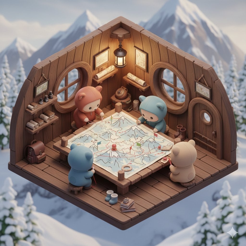 Isometric 3D kawaii of chibi baby bears designing a mountain snow map…
