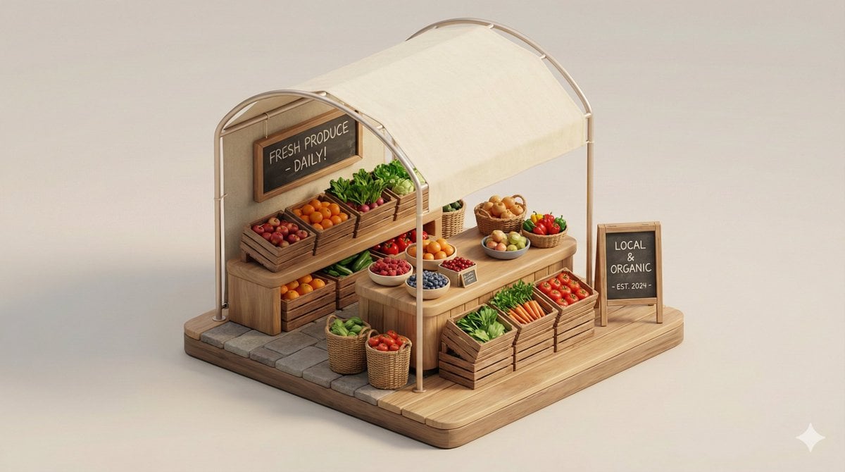A clean, minimal 3D isometric diorama of a [URBAN RETAIL TYPE], featu…