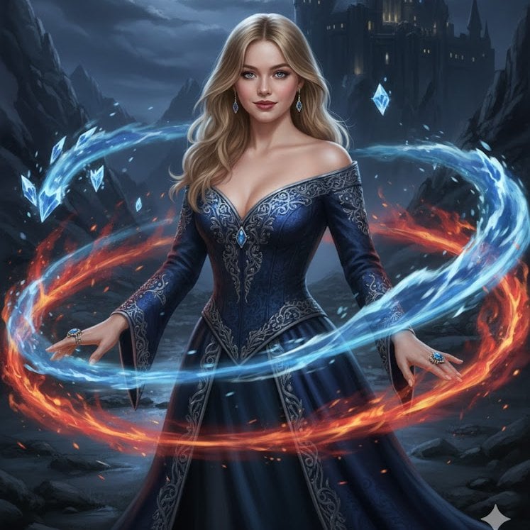 Please use the female user's reference photo to apply all of her facial features. A female wizard stands pois…