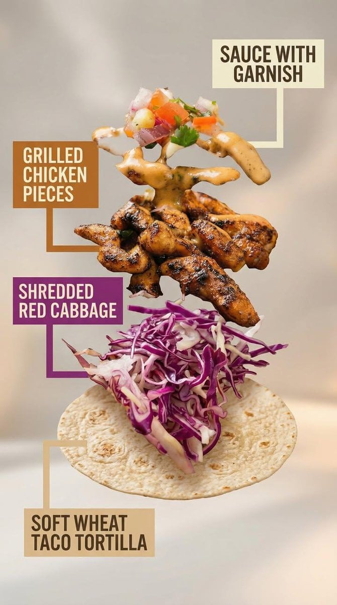 A high-end commercial food photograph of the same two tacos from the reference image, preserving their exact…