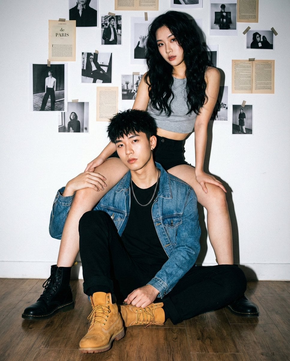 "Young Asian couple, cool/edgy fashion models.", "female_hair": "Long, black, naturally little wavy hair (sof…