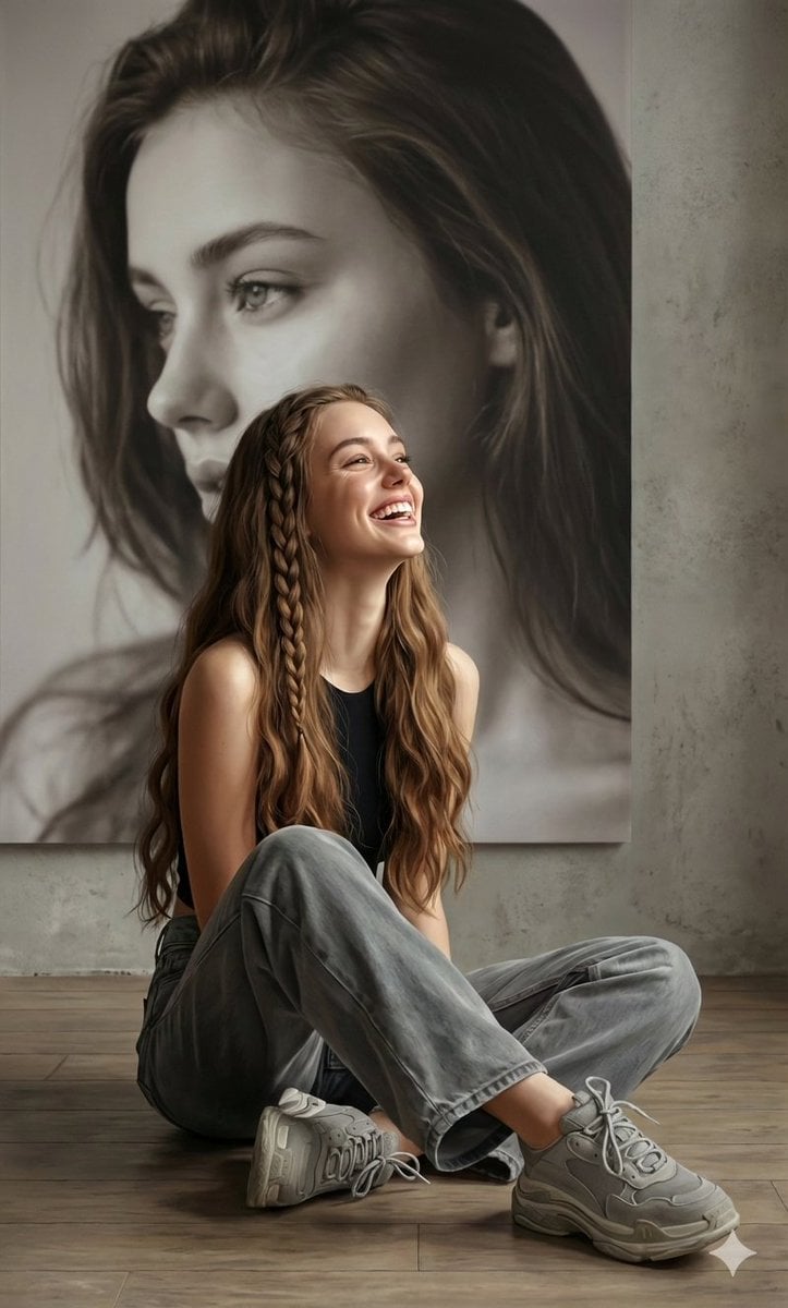 Using the provided photos, create a highly detailed, professional, hyperrealistic art portrait, keeping the f…