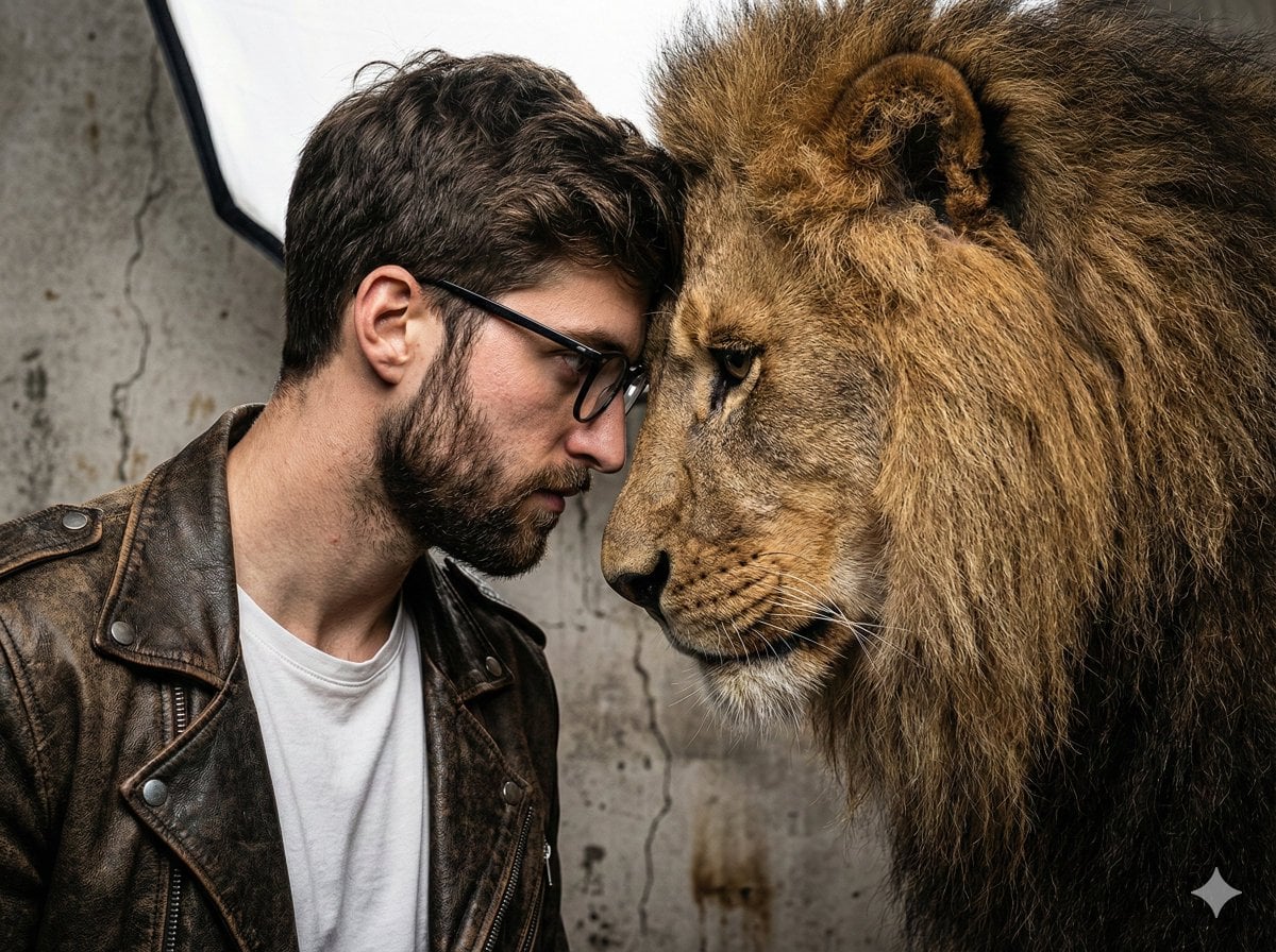 A gritty, intense portrait of a man, a friend of real lion, captured…