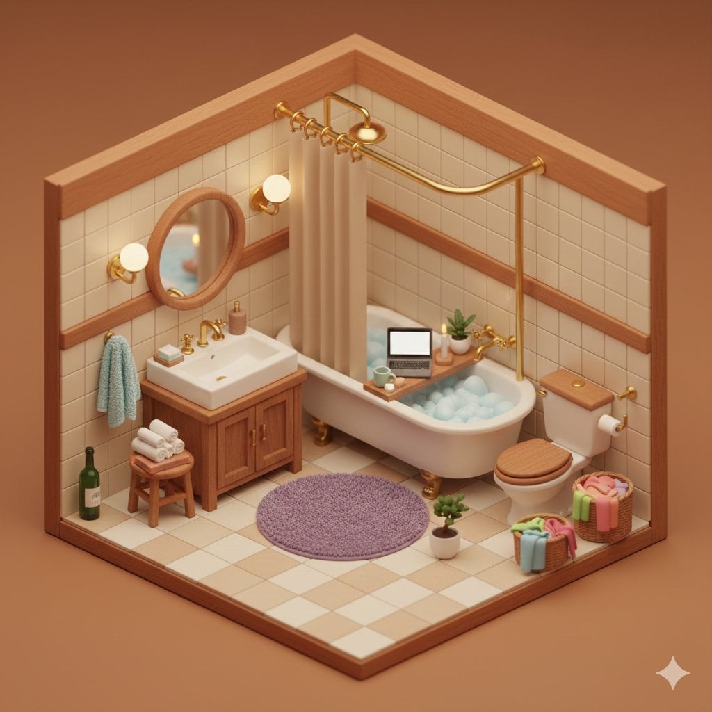 cute cozy isometric 3D miniature bathroom diorama warm cozy aesthetic detailed tiny room corner view warm ter…