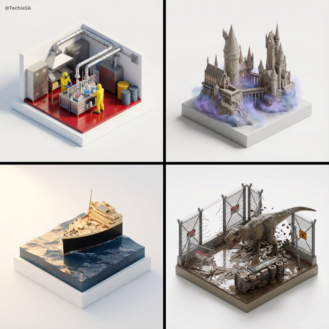 Stylized, ultra high-fidelity 3D isometric miniature diorama, 35–40° isometric view, palm-sized collectible s…