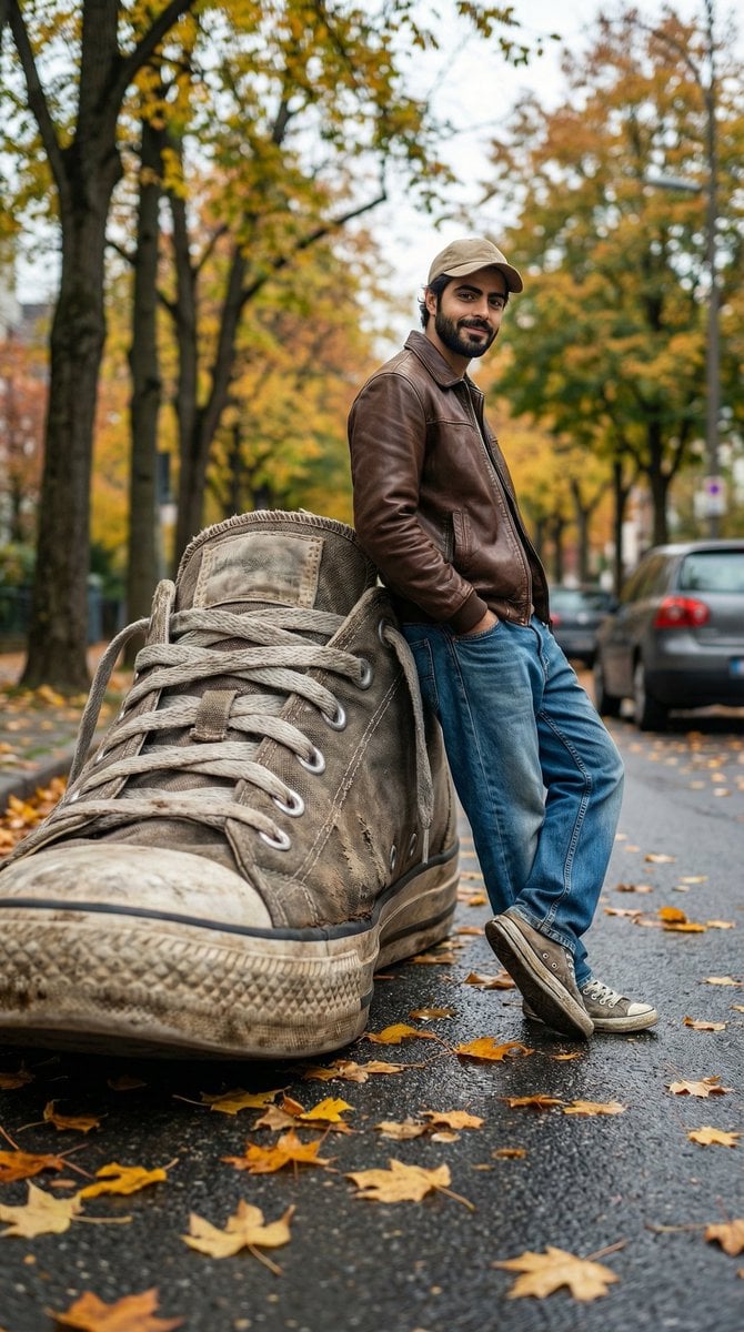 A cinematic forced-perspective street photography scene where a giant…