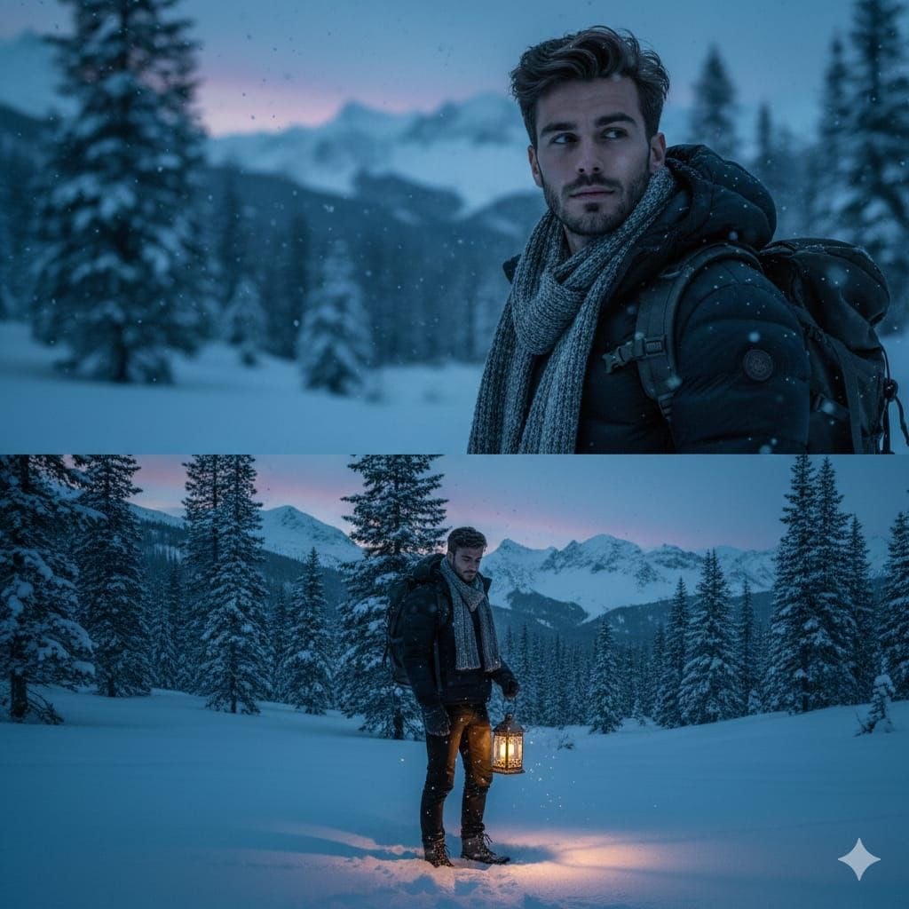 A cinematic winter portrait of a handsome man standing in a snowy pin…
