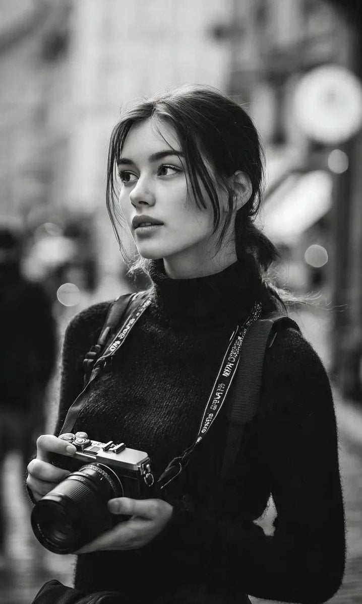 A cinematic black-and-white street portrait of a young woman photogra…