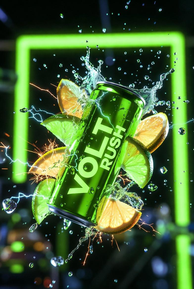 Ultra-cinematic product photography of a neon-green energy drink can labeled “VOLT RUSH”, tilted at a sharp d…