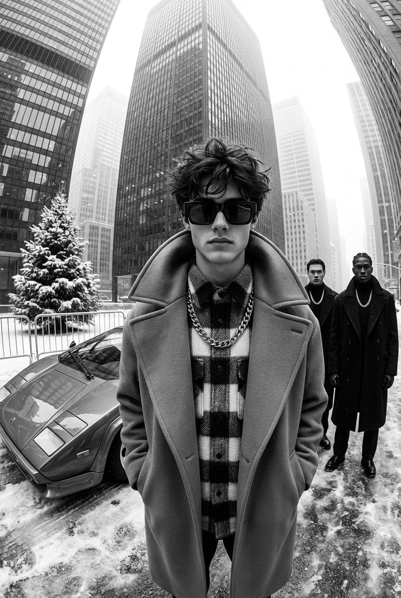 A black-and-white, high-contrast, ultra-glamorous street fashion editorial photograph taken with an ultra-wid…
