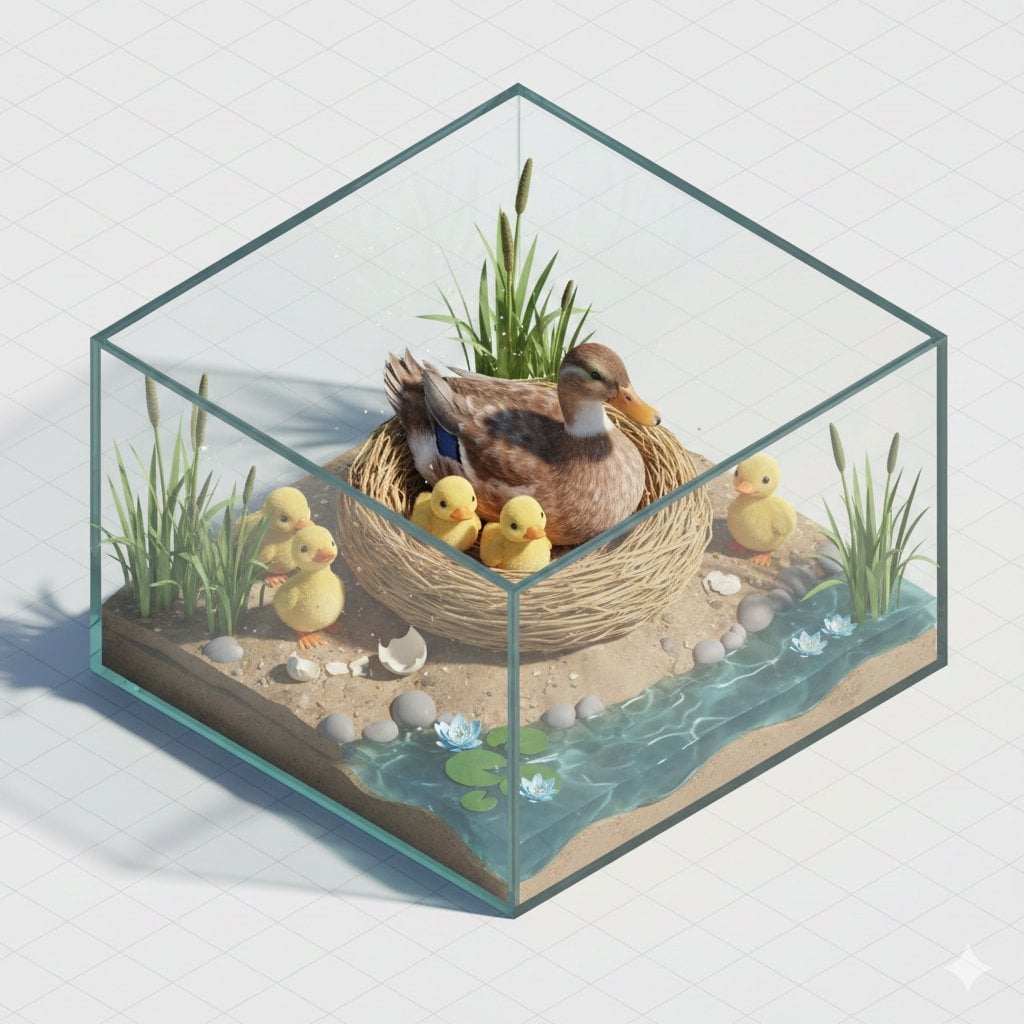 Isometric miniature nature diorama showing a mother [PARROT] feeding…