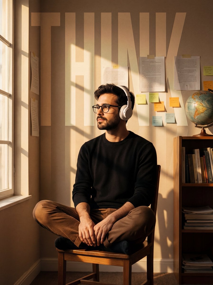 A cinematic portrait of a young man in the uploaded image sitting cro…