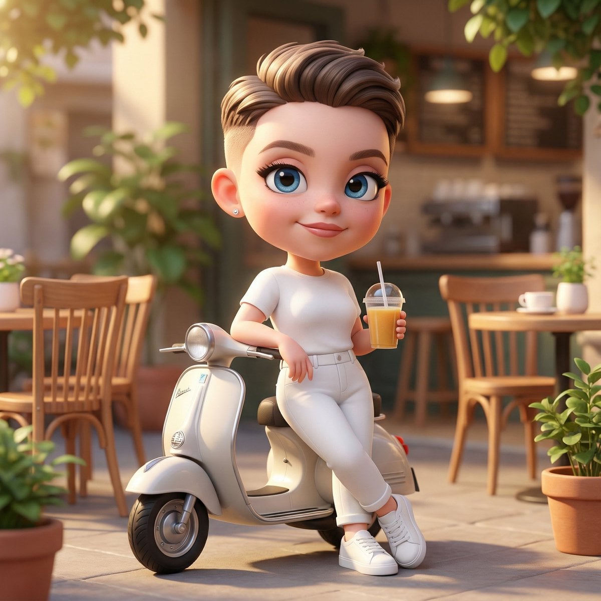 A cute 3D chibi-style character of the uploaded image leaning against…