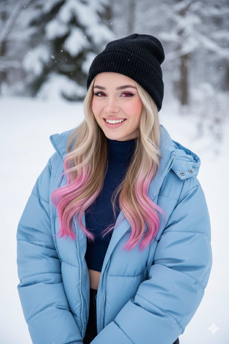 A blonde girl with pink-tipped hair and vibrant red eyes, wearing a b…