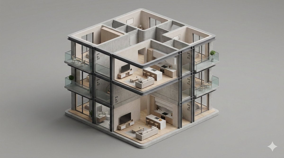 A clean, minimal 3D isometric diorama of a [BUILDING TYPE] section, f…