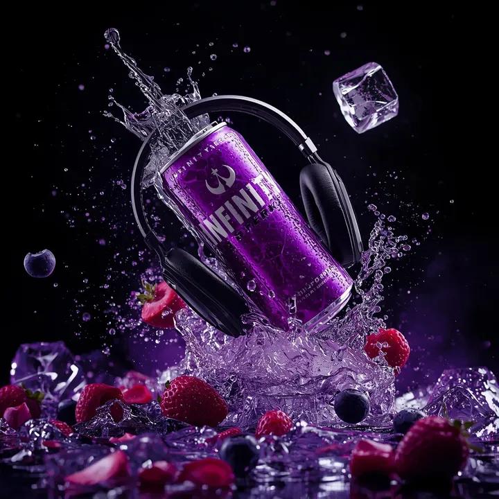 Ultra-cinematic product photography of a purple energy drink can labe…