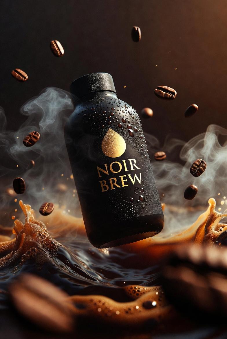 Ultra-cinematic premium coffee bottle labeled “NOIR BREW”, matte blac…