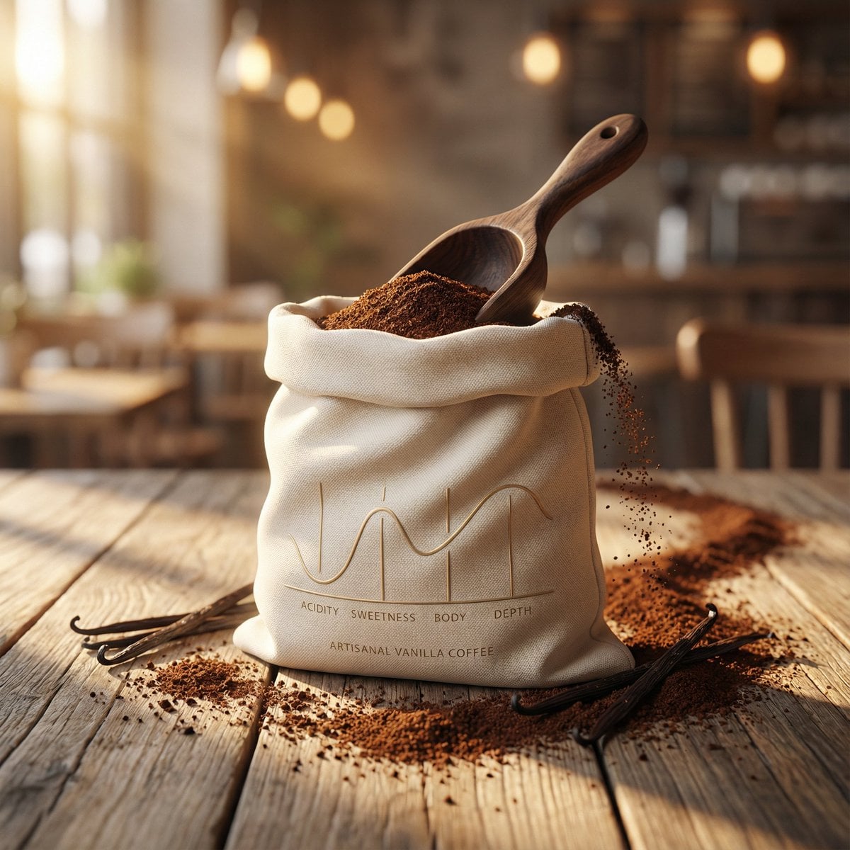 Luxury product photography of artisanal vanilla ground coffee package…