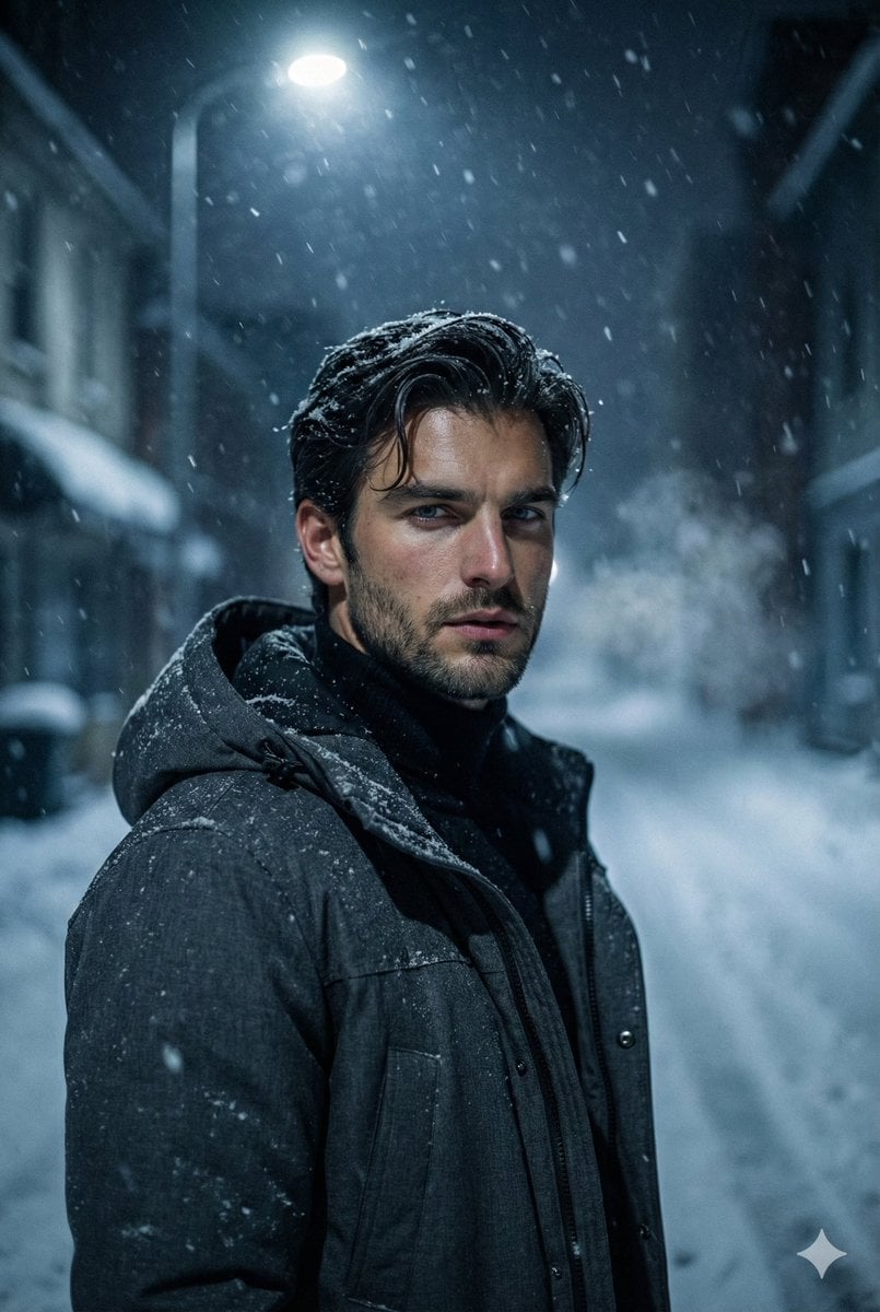 Ultra realistic cinematic portrait of a young man with sharp masculine features and light stubble, snow duste…