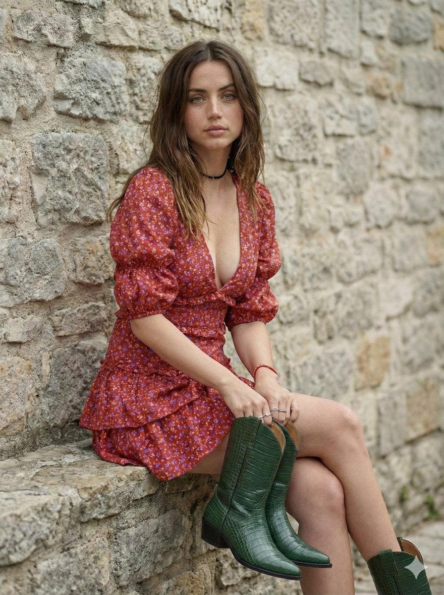 prompt details Young woman Ana de Armas appearance hair Long dark chestnut brown loose waves falling over fac…