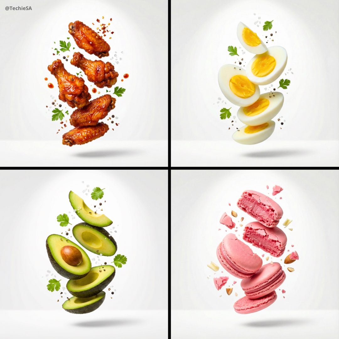 premium food advertising white seamless high key studio floating stac…