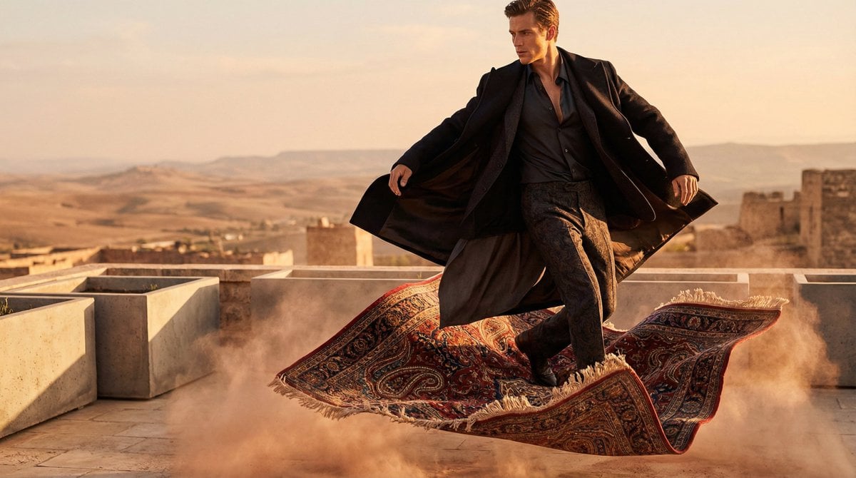 options gender man woman A high-fashion editorial shot of a GENDER model sitting or standing on a flying magi…