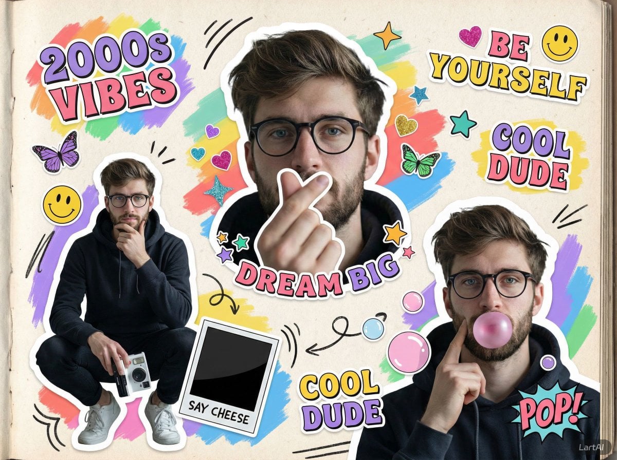 A vibrant 2000s scrapbook-style collage featuring the same young man…