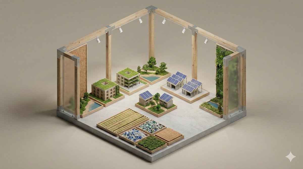 A clean, minimal 3D isometric diorama of a [EXHIBITION TYPE], featuri…