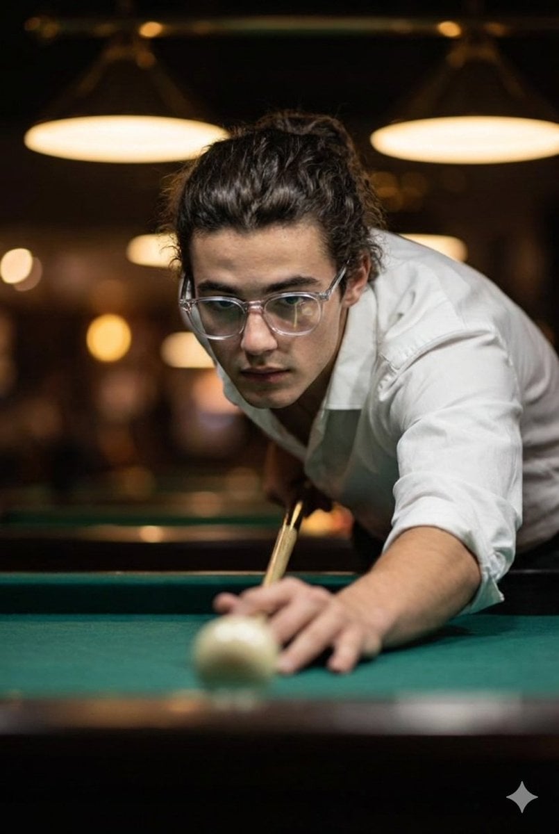 Cinematic ultra-realistic close-up of a man taking a billiards shot, captured in a tense, mid-focus moment as…