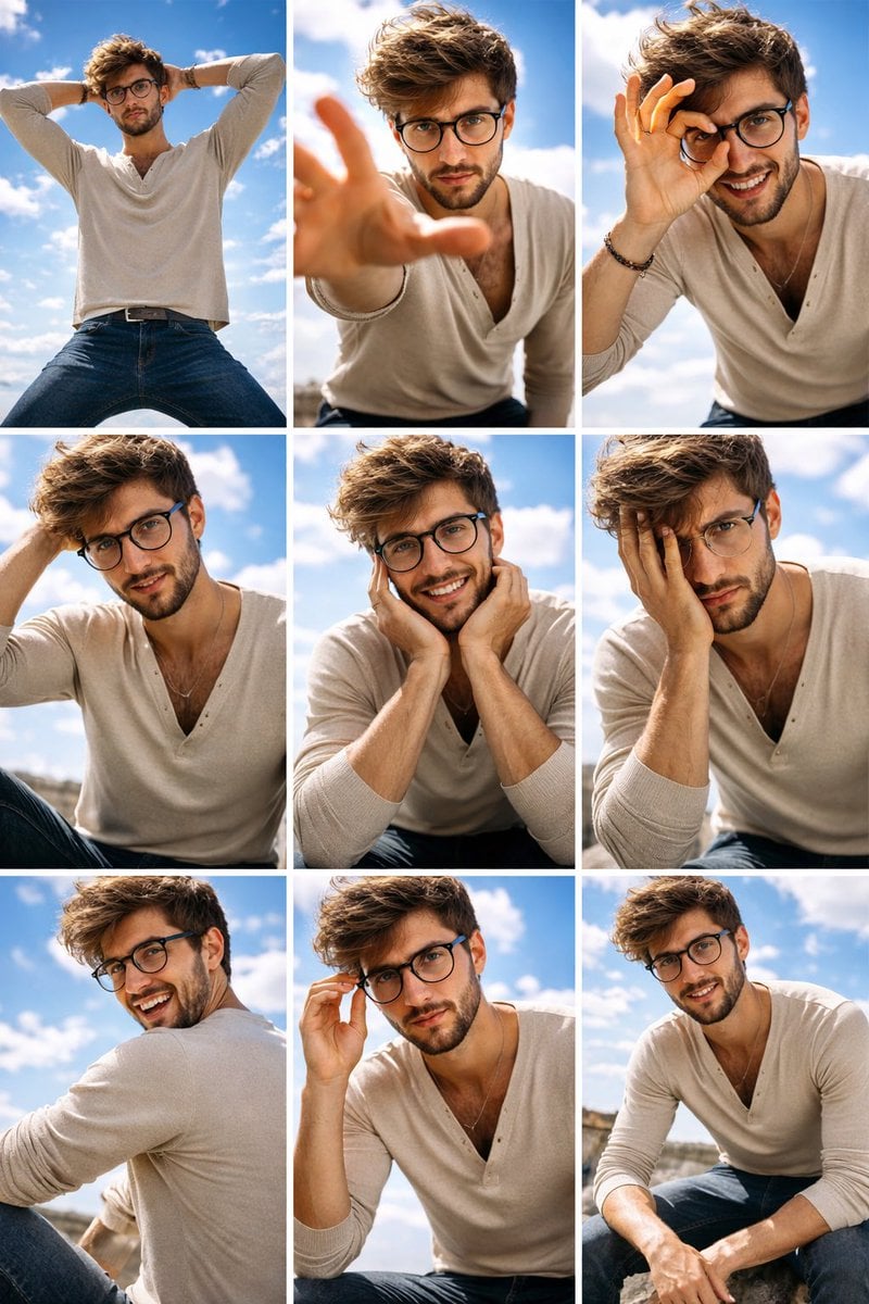 A high- 3x3 grid photo collage featuring nine distinct dynamic poses…