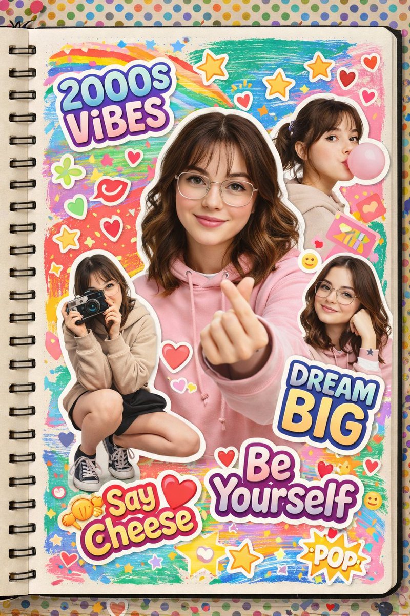 A vibrant 2000s scrapbook-style collage featuring the same young woma…