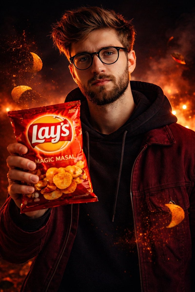 A cinematic, ultra-realistic advertising shot of a man holding a Lay’s [FLAVOR NAME] chips packet in his hand…