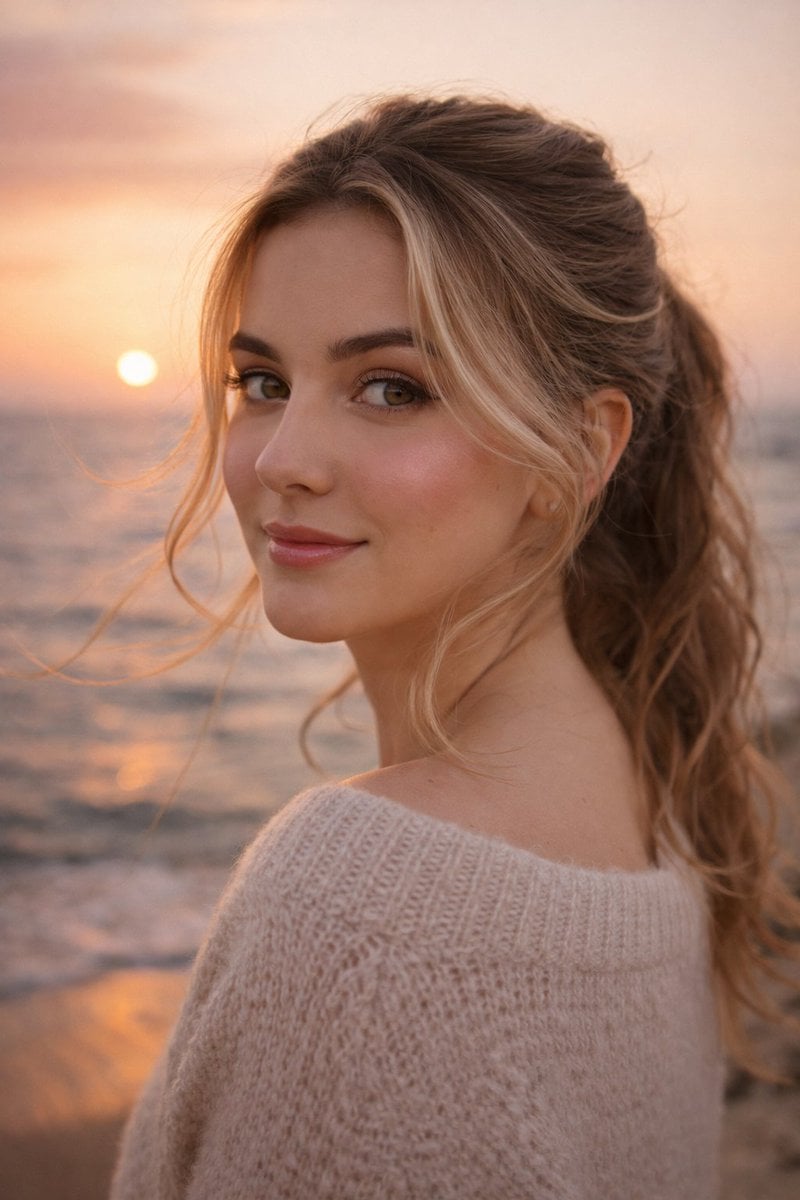 A close-up profile shot of a beautiful, cute young woman, standing slightly sideways and gently turning her f…