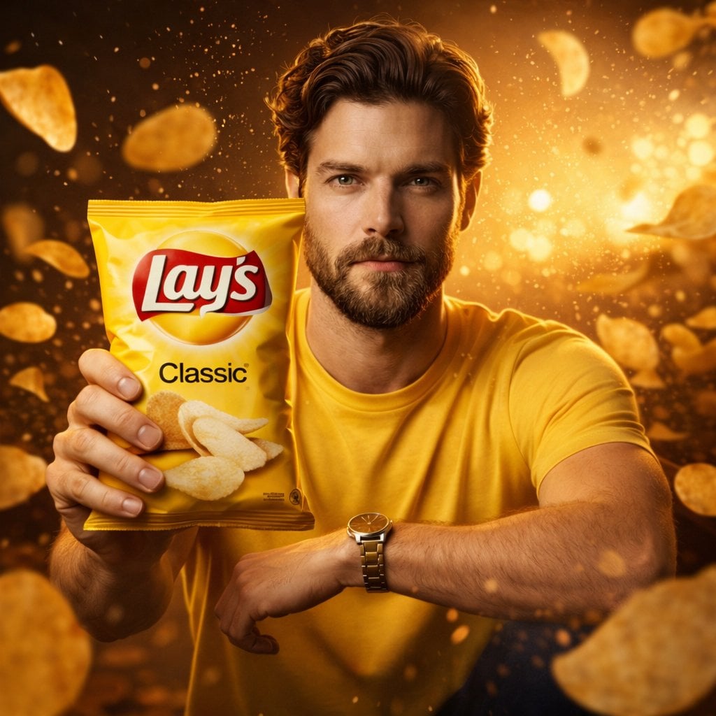 A cinematic, ultra-realistic advertising shot of a man holding a Lay’…