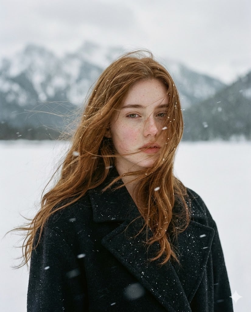 A poetic cinematic portrait of a young woman standing alone in a vast snowy landscape, surrounded by distant…