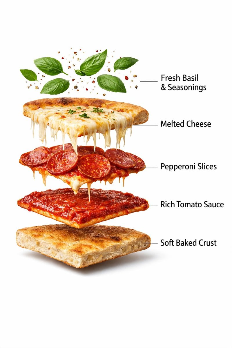 - Ultra-realistic prepared pepperoni pizza slice, fully assembled, go…