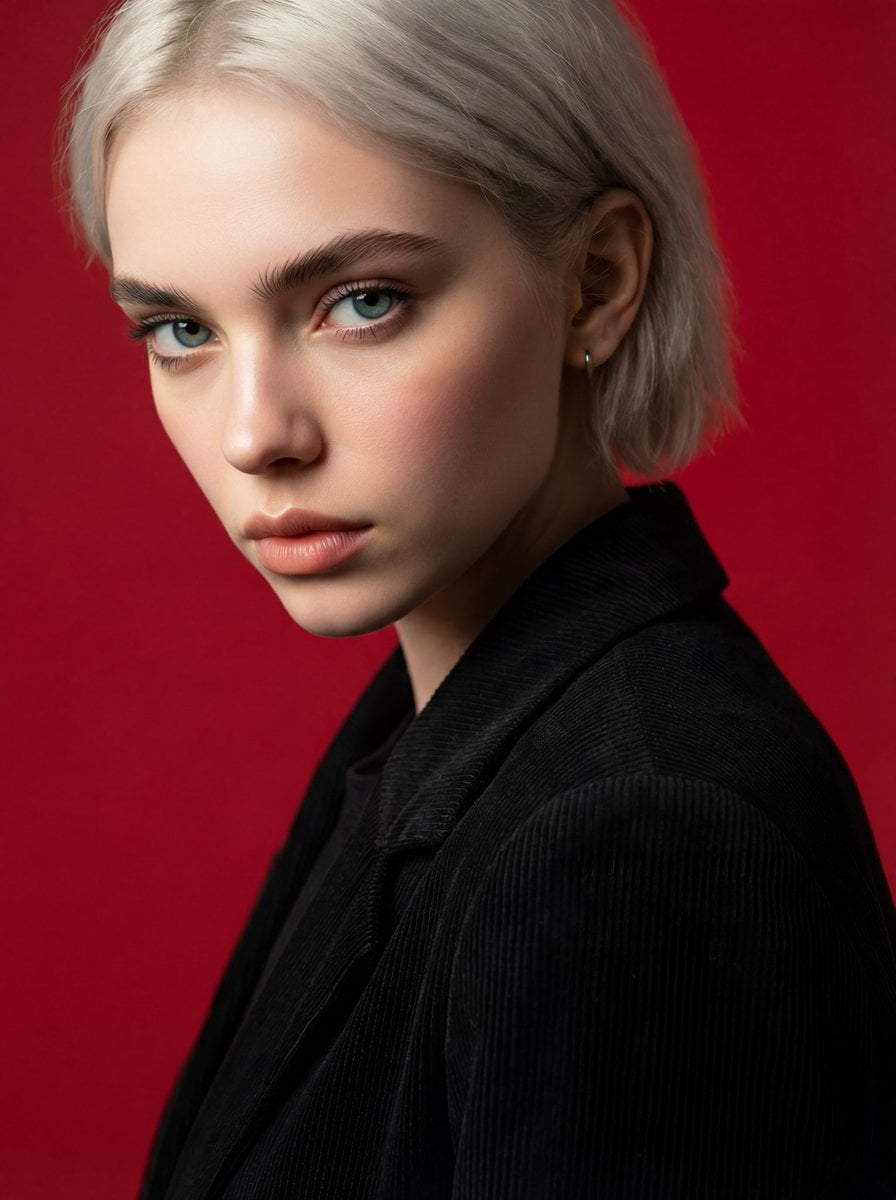 Ultra-realistic studio portrait of a young woman in a three-quarter profile pose head slightly turned toward…