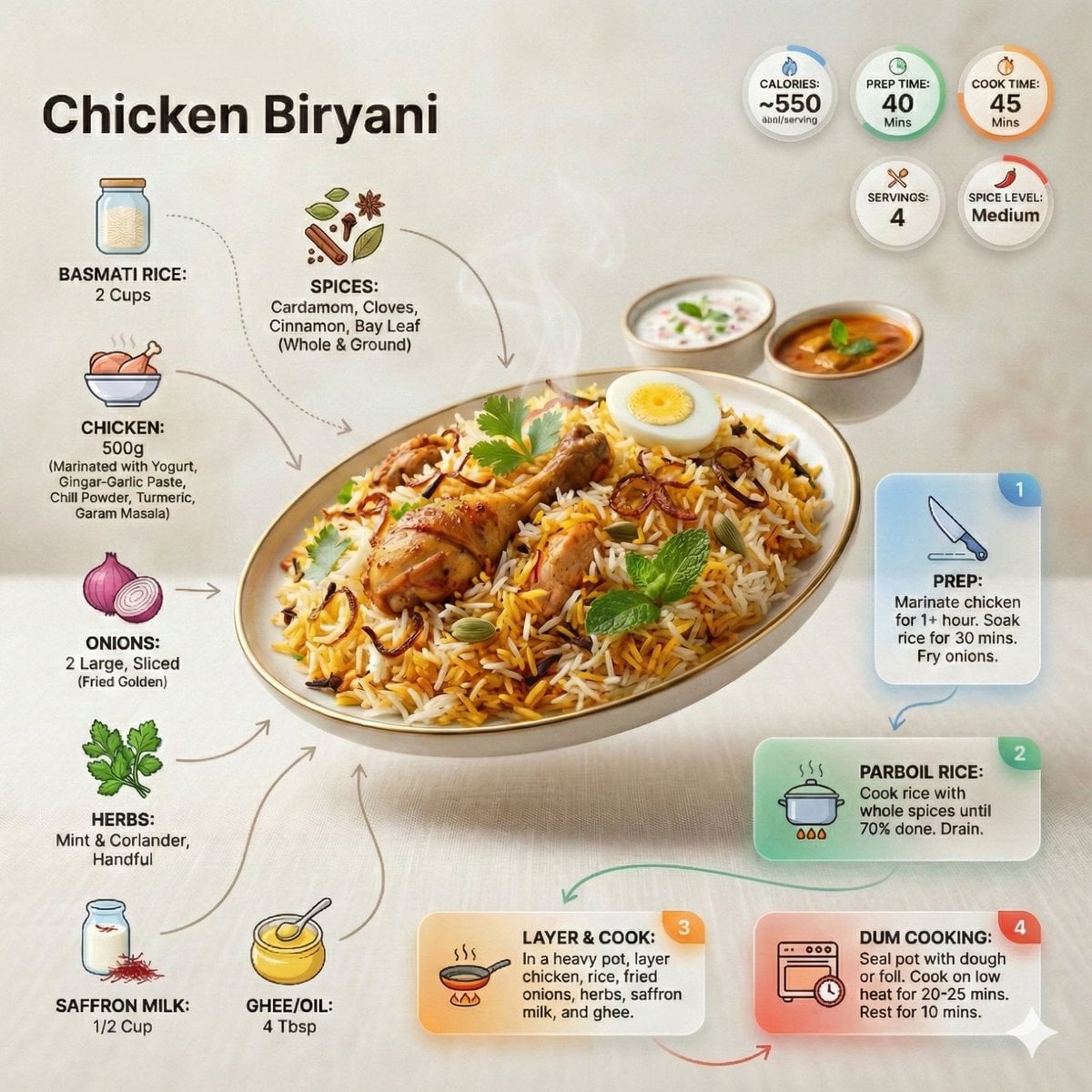 Ultra-clean modern recipe infographic. Showcase briyani in a visually…