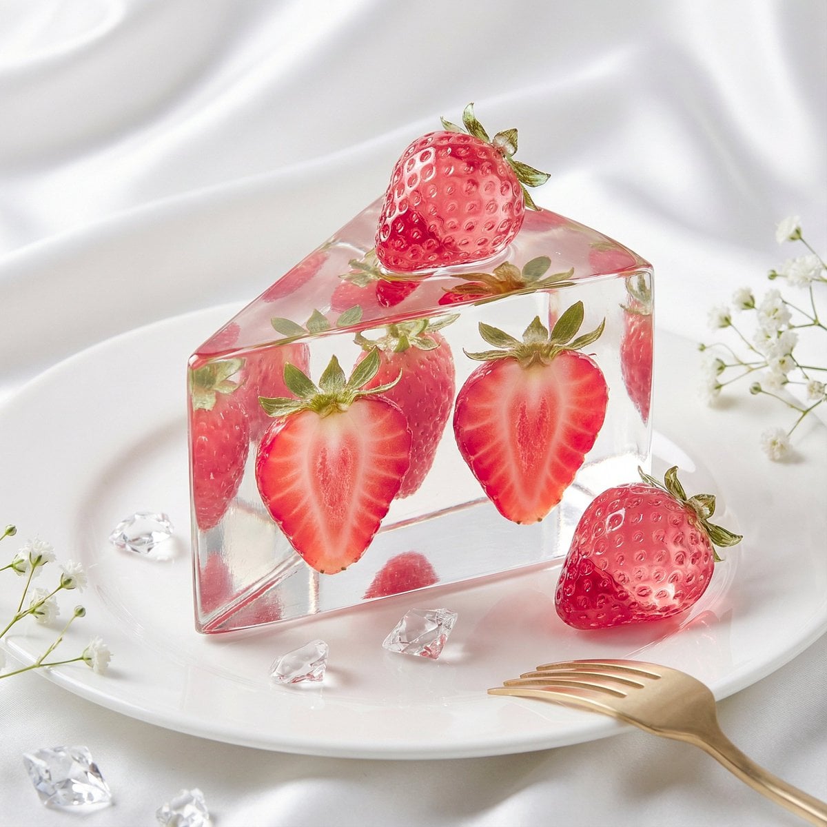 Create a luxury fashion-editorial still life of a sharp triangular prism cake slice made of hard crystal-clea…